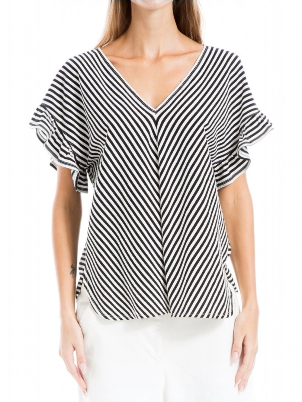 Max Studio XL Navy Ivory Stripe Flutter Sleeve V-Neck Top NWT - Picture 4 of 10